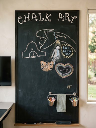 A large black chalkboard labeled Chalk Art, covered in children's colorful chalk drawings, with buckets of chalk hanging below it.
